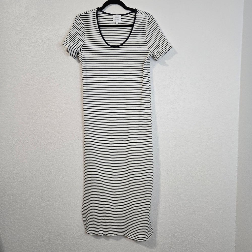 THINGS BETWEEN Black White Striped Midi Dress Side Slit Ribbed Knit Size L